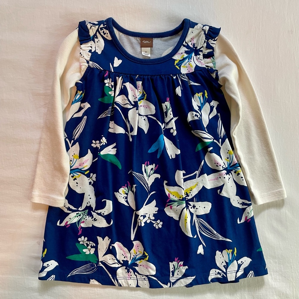 Tea Collection Floral Long Sleeve girls Dress - Blue and Cream